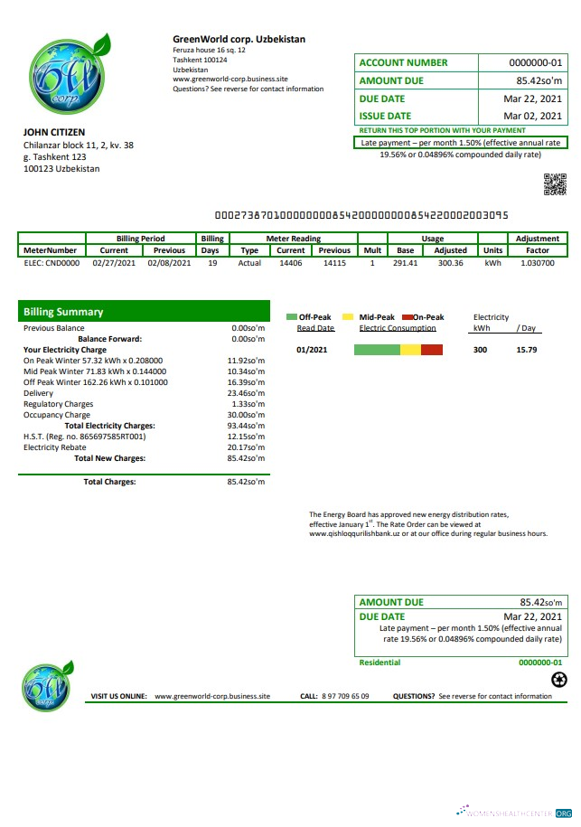 Uzbekistan GreenWorld utility bill template in Word and PDF (.doc and .pdf) format, fully editable